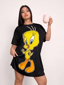 LOONEY TUNES X SHEIN 大尺碼女款卡通印花休閒居家睡裙 - 黑色 - 查看 1