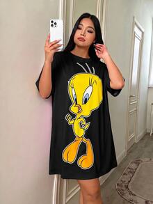 LOONEY TUNES X SHEIN 大尺碼女款卡通印花休閒居家睡裙 - 黑色 - 查看 4