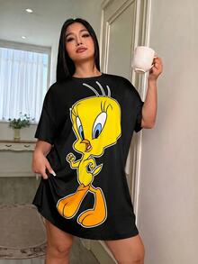 LOONEY TUNES X SHEIN 大尺碼女款卡通印花休閒居家睡裙 - 黑色 - 查看 3