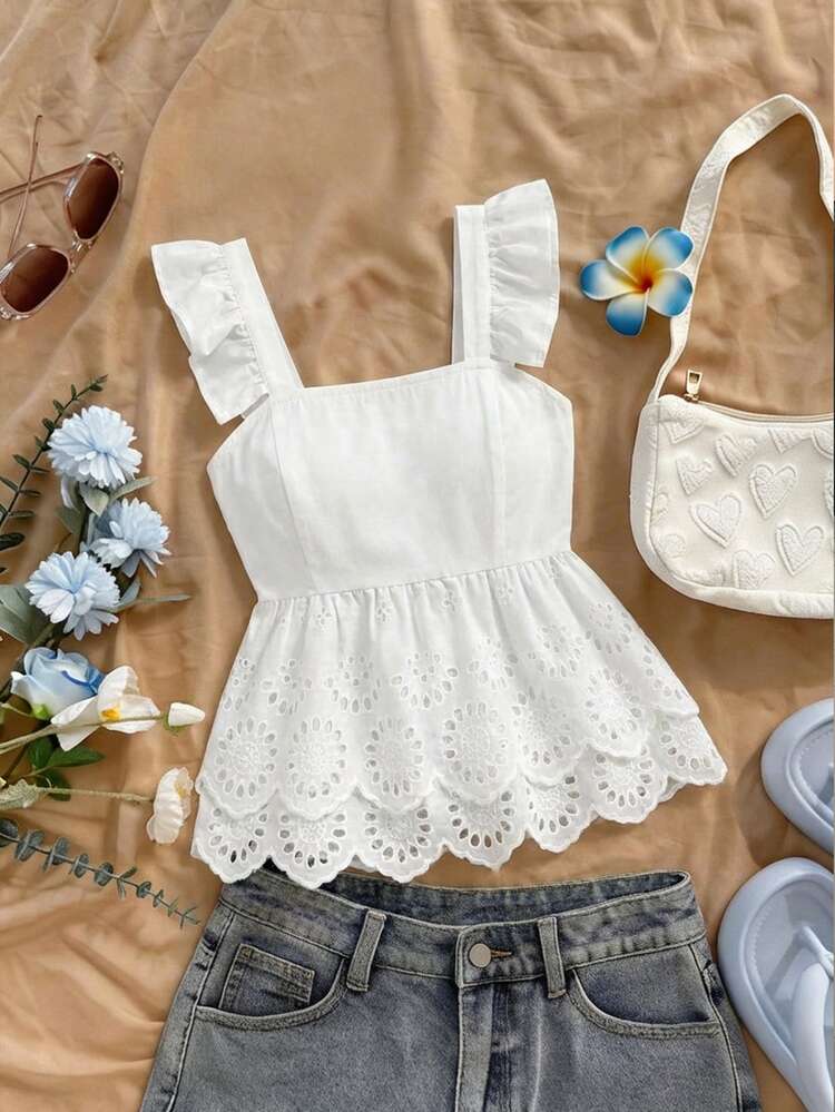 SHEIN MOD Women's White Summer Elegant Romantic Cute Brunch Vacation Square Neck Cap Sleeve Hollow Embroidered Hem Casual Shirt Retro Vintage Country Top - White - View 2