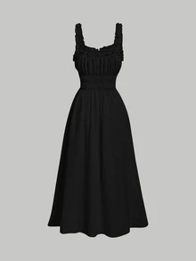 Skyraze Solid Frill Trim Tie Front Black Dress - Black - View 2