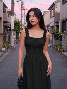 Skyraze Solid Frill Trim Tie Front Black Dress - Black - View 6