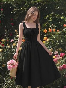 Skyraze Solid Frill Trim Tie Front Black Dress - Black - View 5
