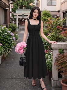 Skyraze Solid Frill Trim Tie Front Black Dress - Black - View 7