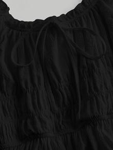 Skyraze Solid Frill Trim Tie Front Black Dress - Black - View 3