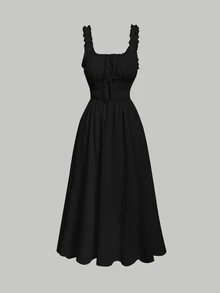 Skyraze Solid Frill Trim Tie Front Black Dress - Black - View 4