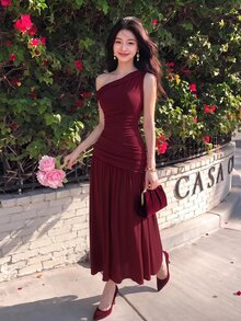 Skyraze Women's Solid Color Pleated Asymmetrical Shoulder Elegant Casual Long Dress Wedding Dinner Date Party Formal Burgundy Summer.Halloween.Back To School. - Burgundy - View 9