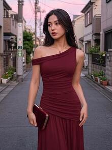 Skyraze Women's Solid Color Pleated Asymmetrical Shoulder Elegant Casual Long Dress Wedding Dinner Date Party Formal Burgundy Summer.Halloween.Back To School. - Burgundy - View 1