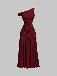 Skyraze Women's Solid Color Pleated Asymmetrical Shoulder Elegant Casual Long Dress Wedding Dinner Date Party Formal Burgundy Summer.Halloween.Back To School. - Burgundy - View 2
