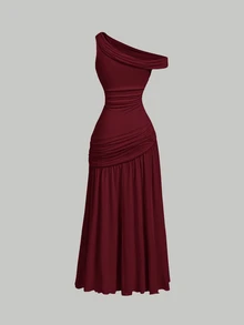 Skyraze Women's Solid Color Pleated Asymmetrical Shoulder Elegant Casual Long Dress Wedding Dinner Date Party Formal Burgundy Summer.Halloween.Back To School. - Burgundy - View 5