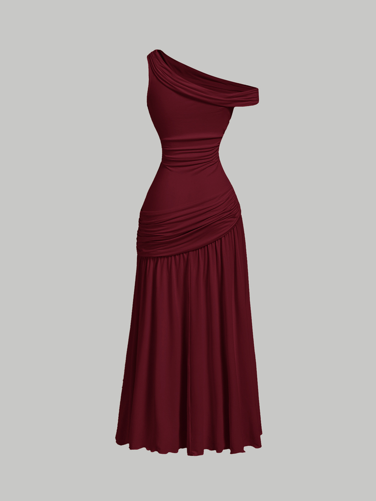 Skyraze Women's Solid Color Pleated Asymmetrical Shoulder Elegant Casual Long Dress Wedding Dinner Date Party Formal Burgundy Summer.Halloween.Back To School. - Burgundy - View 5