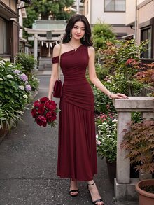 Skyraze Women's Solid Color Pleated Asymmetrical Shoulder Elegant Casual Long Dress Wedding Dinner Date Party Formal Burgundy Summer.Halloween.Back To School. - Burgundy - View 8