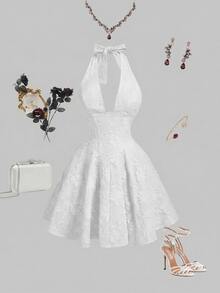 SHEIN MOD Women's Red Jacquard Mini Dress With Bow Tie, Spring, Valentine's Day,Summer Dresses For Women - White - View 8