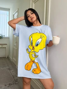 LOONEY TUNES X SHEIN 大尺碼女款圓領落肩袖睡袍 - 淺藍色 - 查看 5