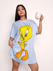 LOONEY TUNES X SHEIN 大尺碼女款圓領落肩袖睡袍 - 淺藍色 - 查看 1