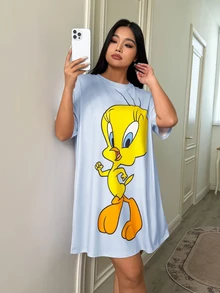 LOONEY TUNES X SHEIN 大尺碼女款圓領落肩袖睡袍 - 淺藍色 - 查看 4