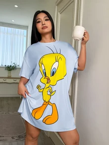 LOONEY TUNES X SHEIN 大尺碼女款圓領落肩袖睡袍 - 淺藍色 - 查看 3