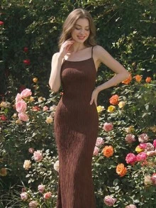 Skyraze Women's Solid Color Spaghetti Strap Brown Dress,Business Casual Woman - Brown - View 5