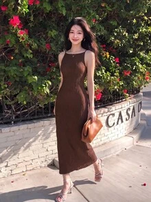Skyraze Women's Solid Color Spaghetti Strap Brown Dress,Business Casual Woman - Brown - View 1