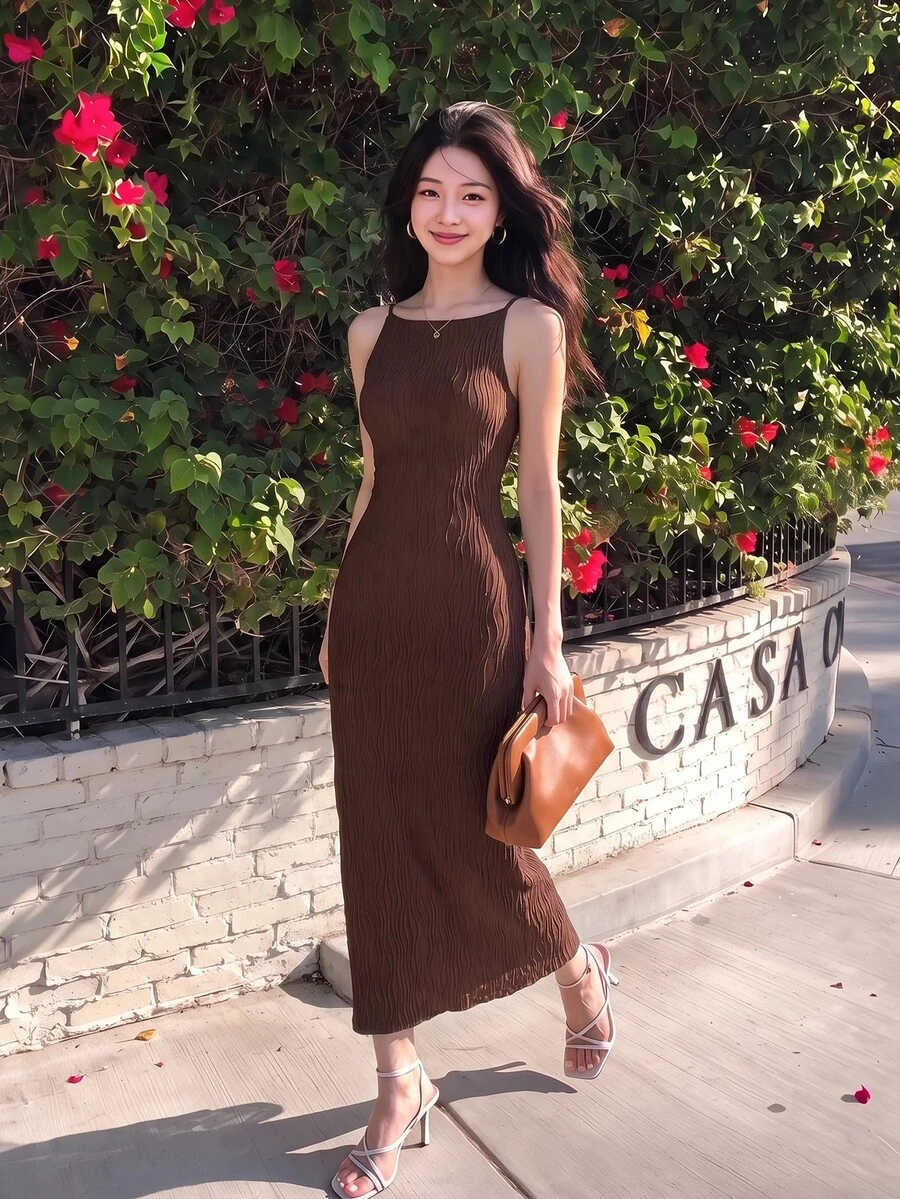 Skyraze Women's Solid Color Spaghetti Strap Brown Dress,Business Casual Woman - Brown - View 1