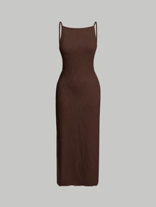 Skyraze Women's Solid Color Spaghetti Strap Brown Dress,Business Casual Woman - Brown - View 4
