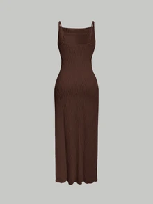 Skyraze Women's Solid Color Spaghetti Strap Brown Dress,Business Casual Woman - Brown - View 2