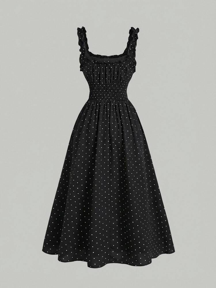 Skyraze Women's Polka Dot Pleated Elegant Waist Cinched Long Dress, Suitable For Dates And Parties,Black Women, Dresses Vintage Retro Pin Dress,Summer - Black - View 2