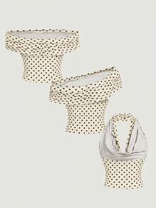 SHEIN MOD Women's Elegant Polka Dot Mesh Versatile Top, Summer Holiday - Apricot - View 2