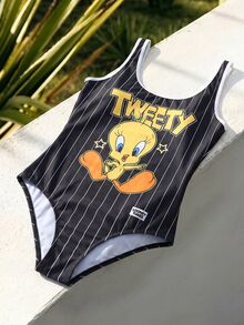 LOONEY TUNES X SHEIN Women's Striped Contrast Color Cartoon Print One-Piece Swimsuit - Black - View 7