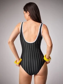 LOONEY TUNES X SHEIN Women's Striped Contrast Color Cartoon Print One-Piece Swimsuit - Black - View 2