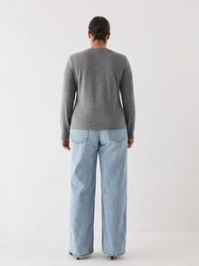 YARNWELL Plus Size Solid Color Minimalist Long Sleeve Crew Neck T-Shirt For Daily Wear Fall - Grey - View 3
