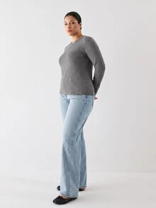 YARNWELL Plus Size Solid Color Minimalist Long Sleeve Crew Neck T-Shirt For Daily Wear Fall - Grey - View 5