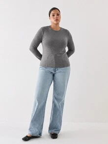 YARNWELL Plus Size Solid Color Minimalist Long Sleeve Crew Neck T-Shirt For Daily Wear Fall - Grey - View 2