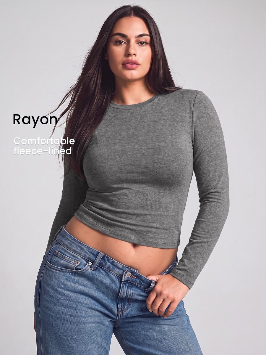 YARNWELL Plus Size Solid Color Minimalist Long Sleeve Crew Neck T-Shirt For Daily Wear Fall - Grey - View 1