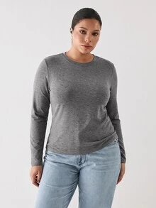 YARNWELL Plus Size Solid Color Minimalist Long Sleeve Crew Neck T-Shirt For Daily Wear Fall - Grey - View 4