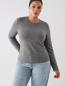 YARNWELL Plus Size Solid Color Minimalist Long Sleeve Crew Neck T-Shirt For Daily Wear Fall - Grey - View 6