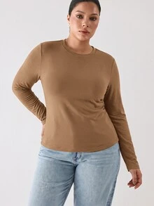 YARNWELL Plus Size Women Solid Color Round Neck Long Sleeve Casual Versatile T-Shirt Fall - Apricot - View 6