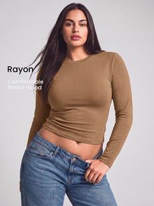 YARNWELL Plus Size Women Solid Color Round Neck Long Sleeve Casual Versatile T-Shirt Fall - Apricot - View 1