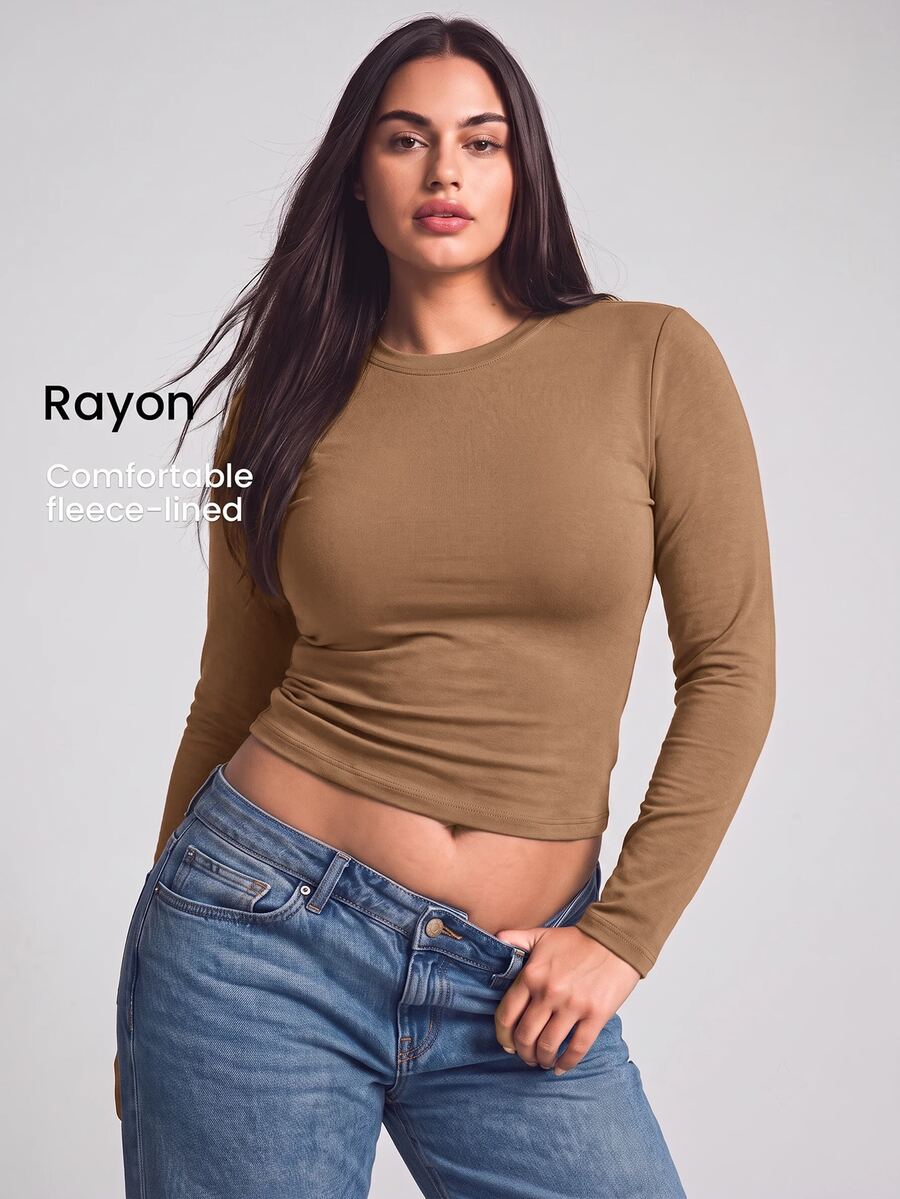 YARNWELL Plus Size Women Solid Color Round Neck Long Sleeve Casual Versatile T-Shirt Fall - Apricot - View 1