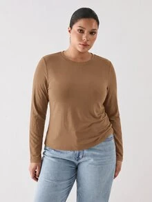 YARNWELL Plus Size Women Solid Color Round Neck Long Sleeve Casual Versatile T-Shirt Fall - Apricot - View 4