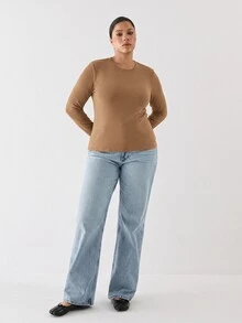 YARNWELL Plus Size Women Solid Color Round Neck Long Sleeve Casual Versatile T-Shirt Fall - Apricot - View 2