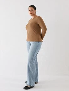 YARNWELL Plus Size Women Solid Color Round Neck Long Sleeve Casual Versatile T-Shirt Fall - Apricot - View 5
