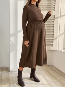 SHEIN Maternity Solid Color Stand Collar Pleated Casual Daily Summer Dress Fall - Brown - View 5