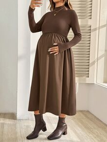 SHEIN Maternity Solid Color Stand Collar Pleated Casual Daily Summer Dress Fall - Brown - View 8