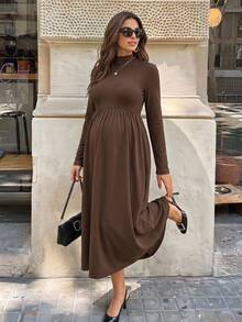 SHEIN Maternity Solid Color Stand Collar Pleated Casual Daily Summer Dress Fall - Brown - View 1