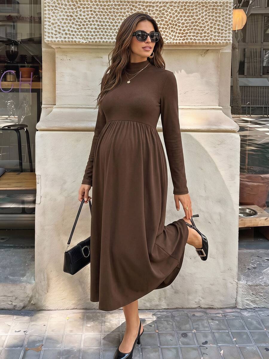 SHEIN Maternity Solid Color Stand Collar Pleated Casual Daily Summer Dress Fall - Brown - View 1