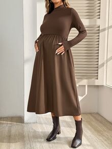 SHEIN Maternity Solid Color Stand Collar Pleated Casual Daily Summer Dress Fall - Brown - View 6