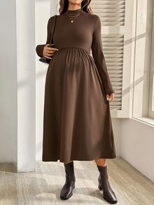 SHEIN Maternity Solid Color Stand Collar Pleated Casual Daily Summer Dress Fall - Brown - View 2
