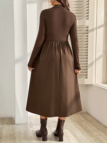 SHEIN Maternity Solid Color Stand Collar Pleated Casual Daily Summer Dress Fall - Brown - View 3