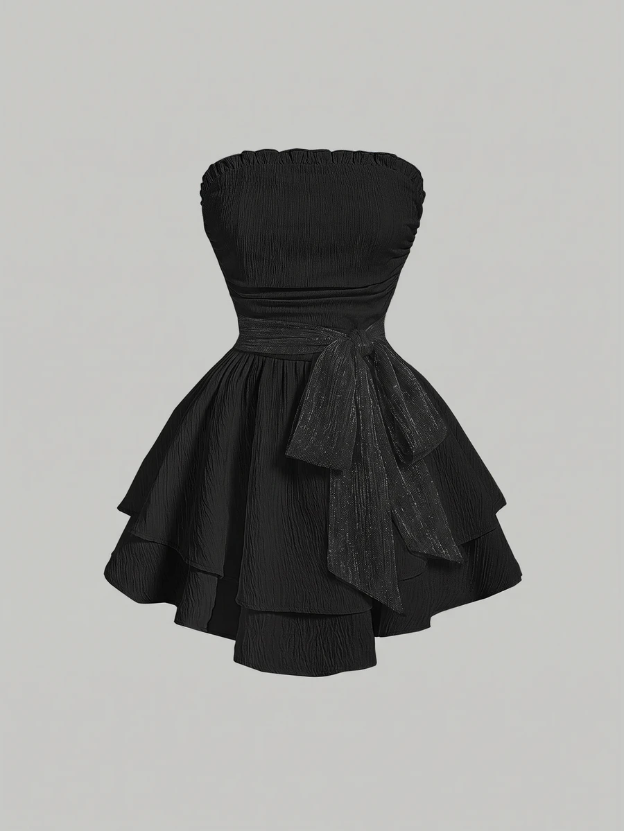 SHEIN MOD Ladies Simple Solid Color Daily Strapless Dress - Black - View 1